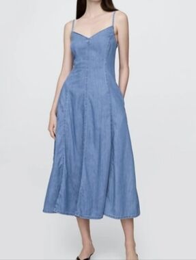 Light Blue Denim Midi Dress with Spaghetti Straps